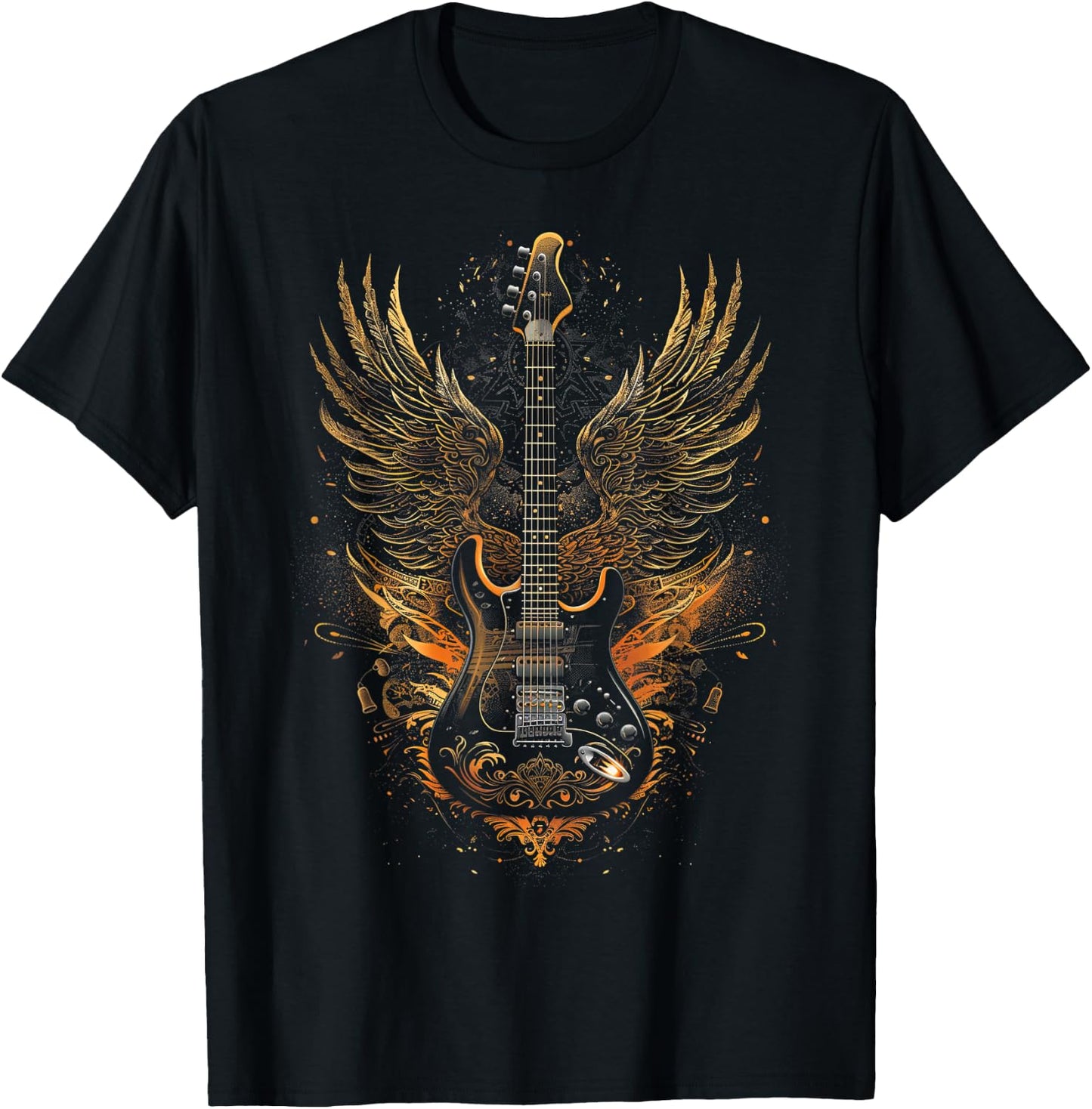 Electric Guitar with Wings Baroque Rock Design Art T-Shirt - T-Shirt | Black