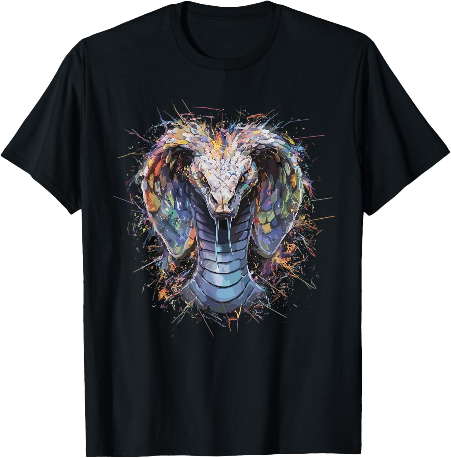 Colorful Paint Splash Menacing Cobra Snake Art Graphic T-Shirt - T-Shirt | Black
