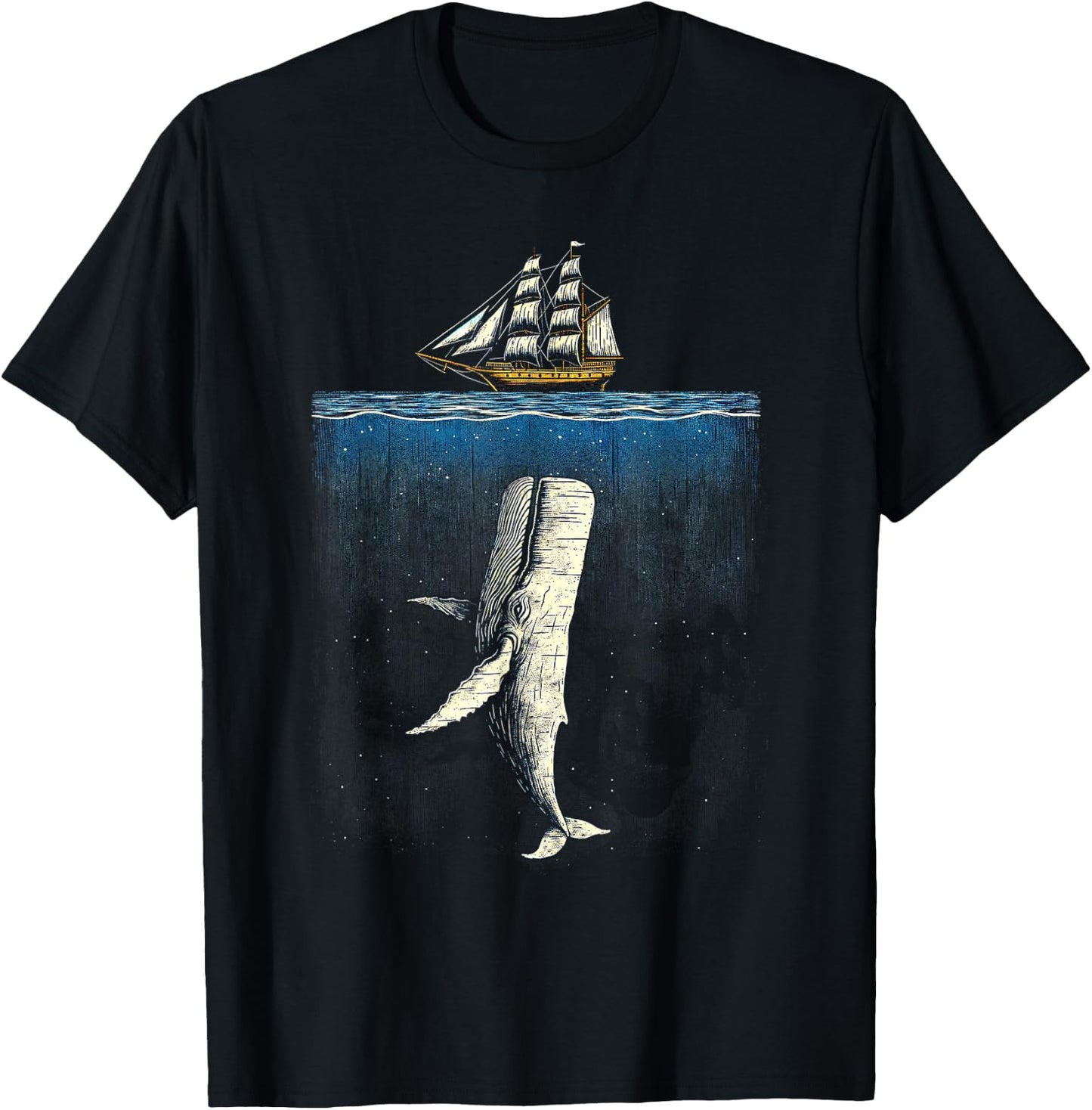 Moby Dick Inspired Threatening Whale and Ship Artwork T-Shirt - T-Shirt | Black