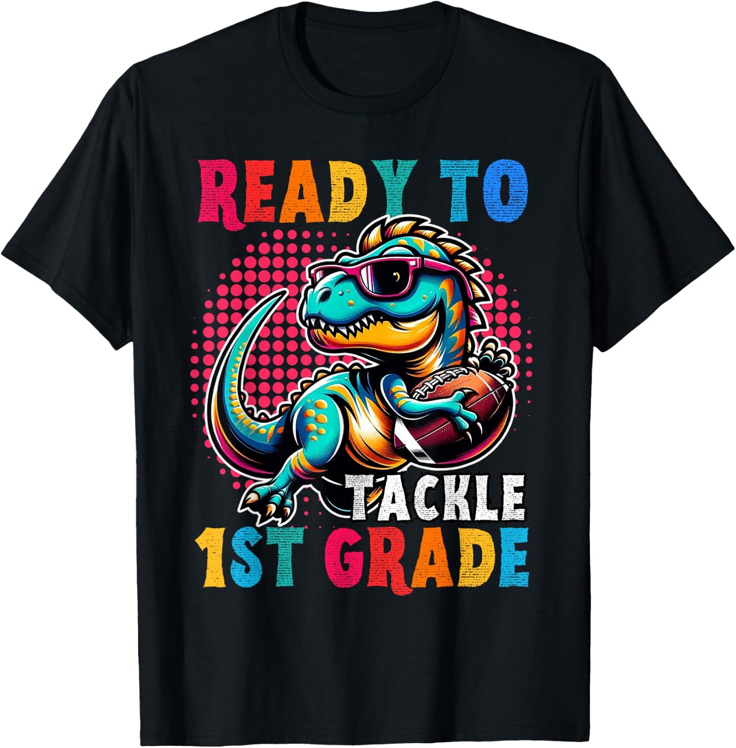 First Day Back to School 1st Grade Boys Football Dinosaur T-Shirt - T-Shirt | Black