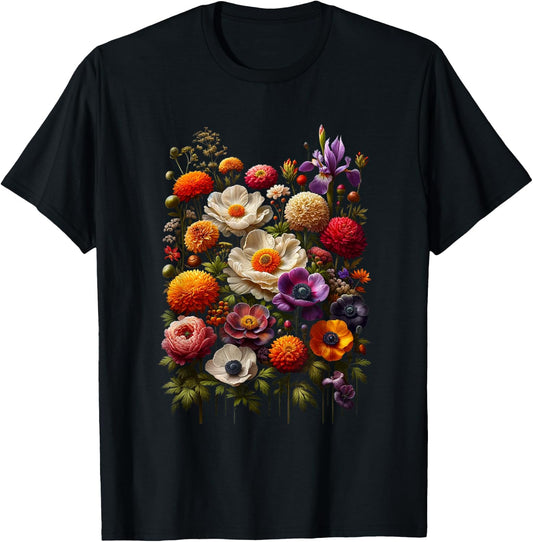 Vintage Wild Botanical Flower Cottagecore Gardening Bouquet T-Shirt - T-Shirt | Black