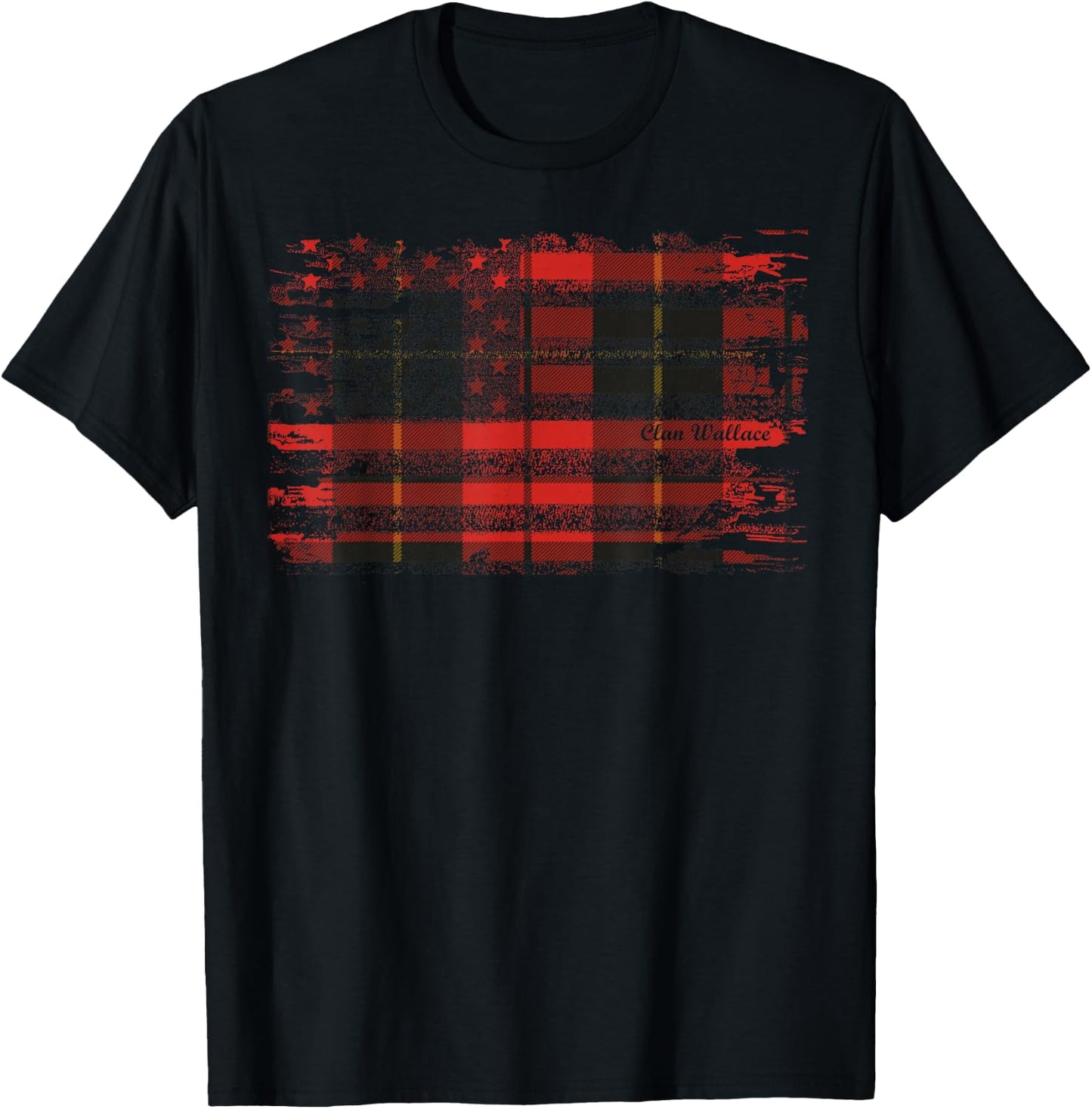Clan Wallace American Flag Scottish Tartan T-Shirt - T-Shirt | Black