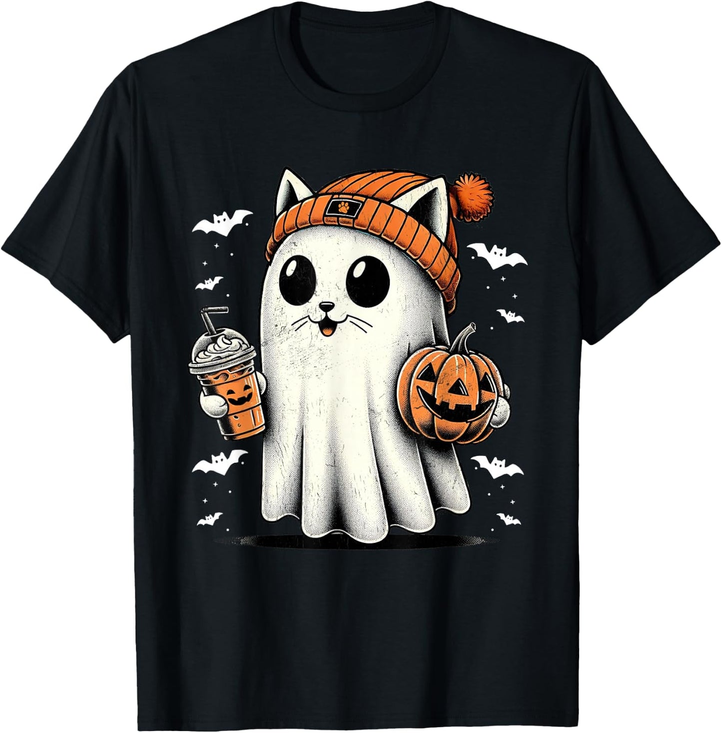 Cute Cat Ghost Iced Coffee Funny Ghost Halloween Ice Coffee T-Shirt - T-Shirt | Black