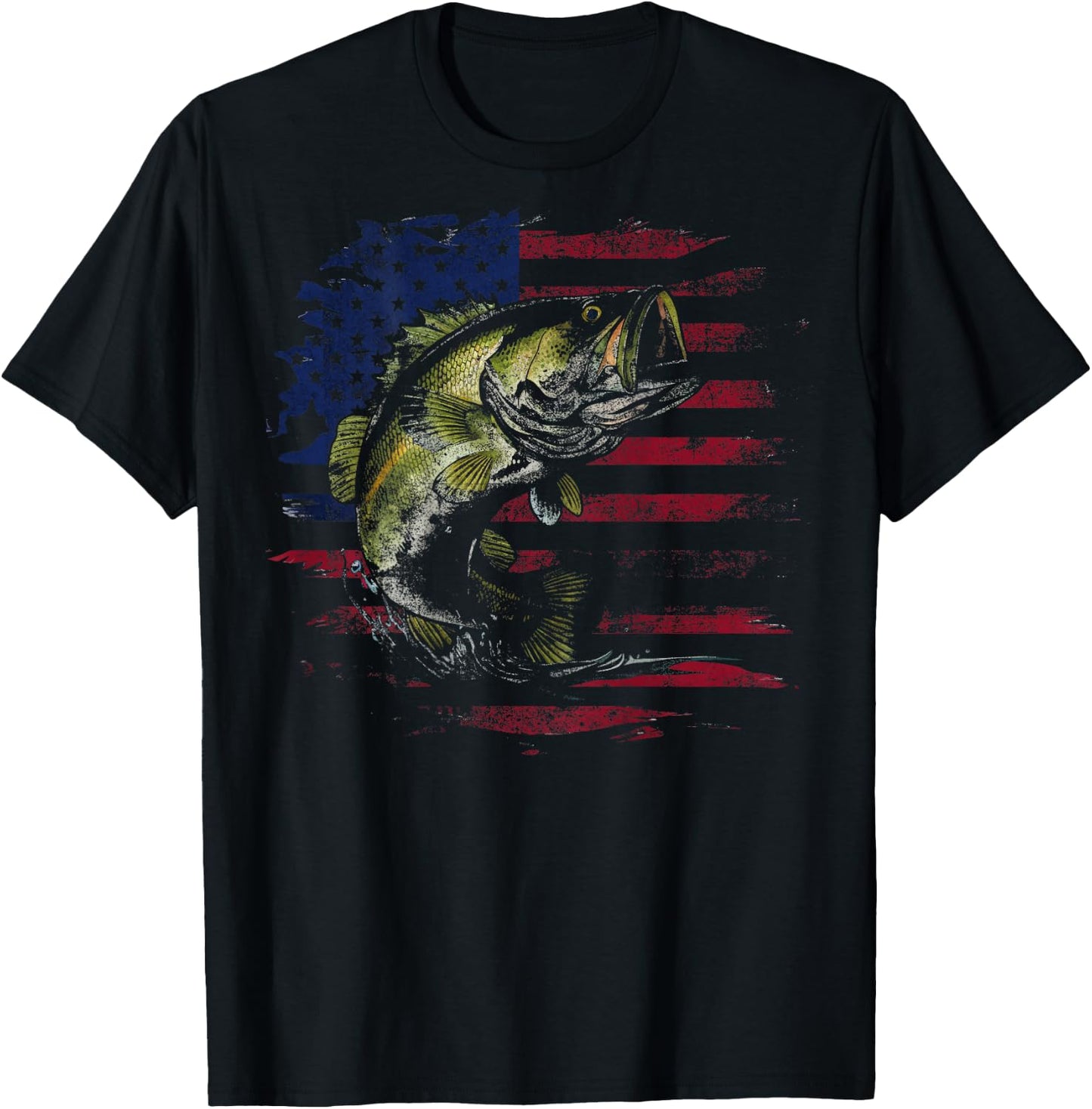 American Flag Camo Bass Fish Fishing Fisherman (on back) T-Shirt - T-Shirt | Black
