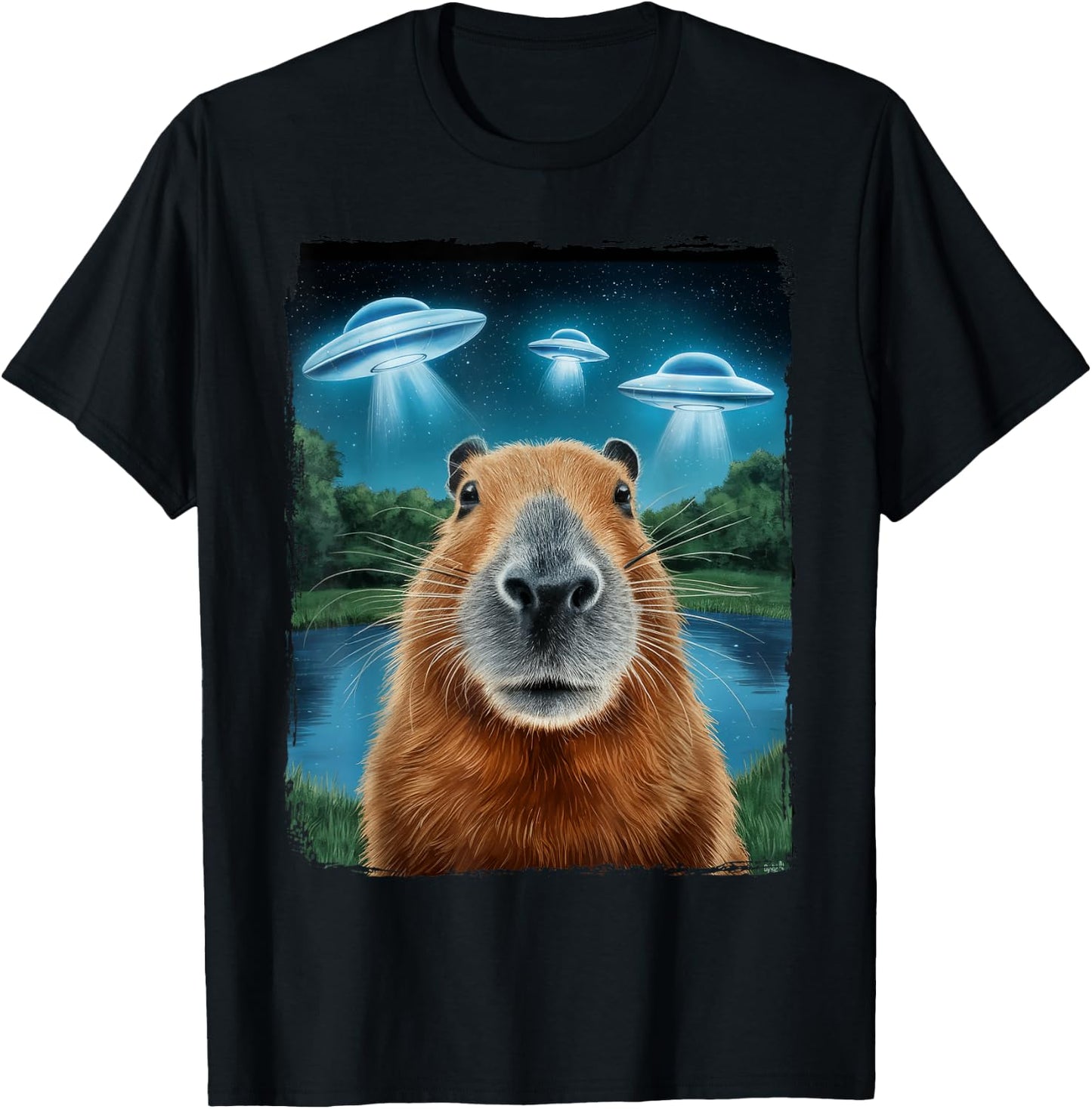 Capybara Selfie with UFOs T-Shirt - T-Shirt | Black