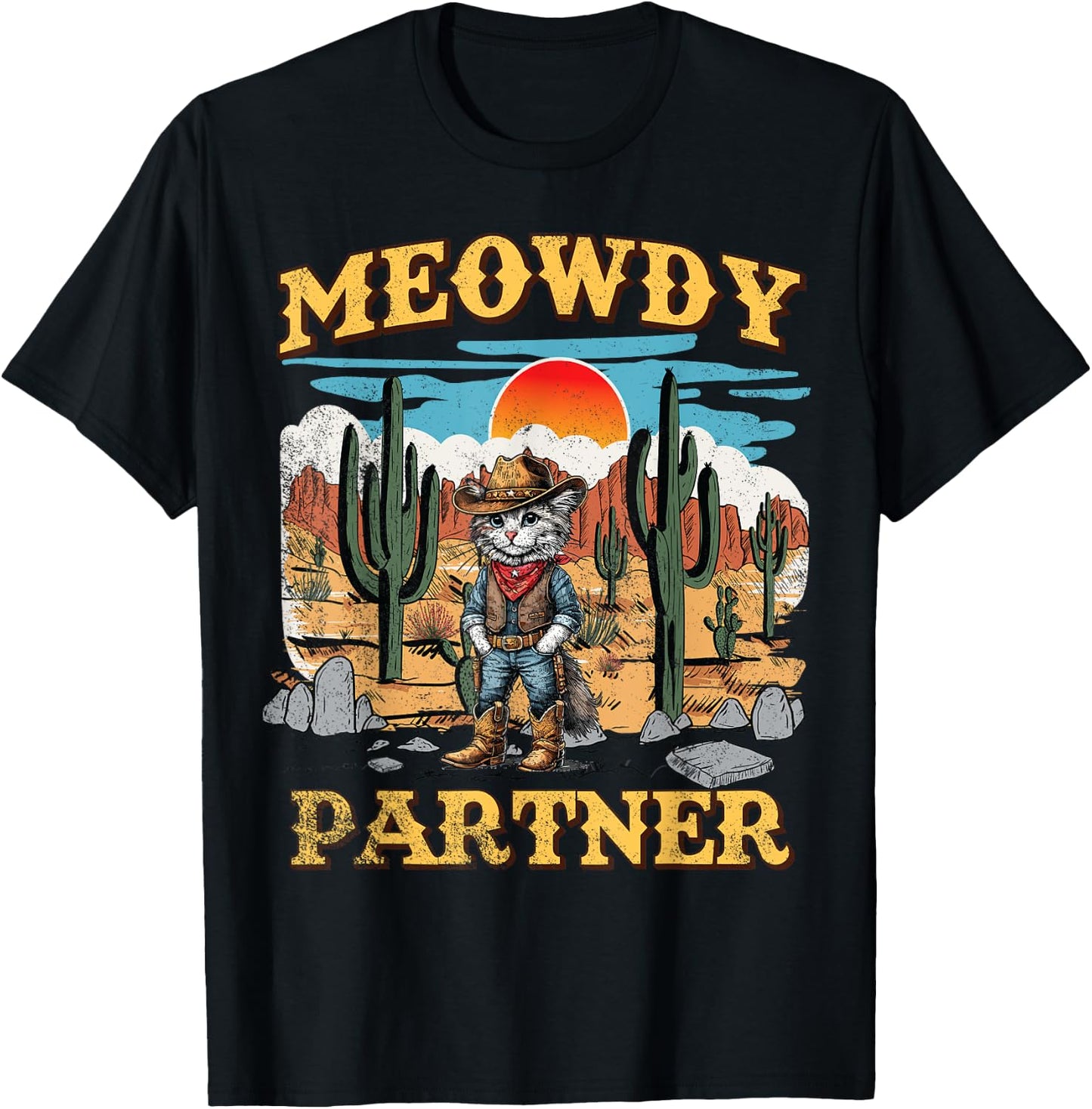 Meowdy Partner Western Cowboy Vintage Cat T-Shirt - T-Shirt | Black