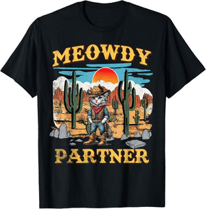Meowdy Partner Western Cowboy Vintage Cat T-Shirt - T-Shirt | Black