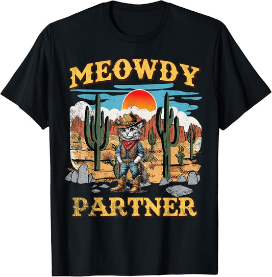 Meowdy Partner Western Cowboy Vintage Cat T-Shirt - T-Shirt | Black