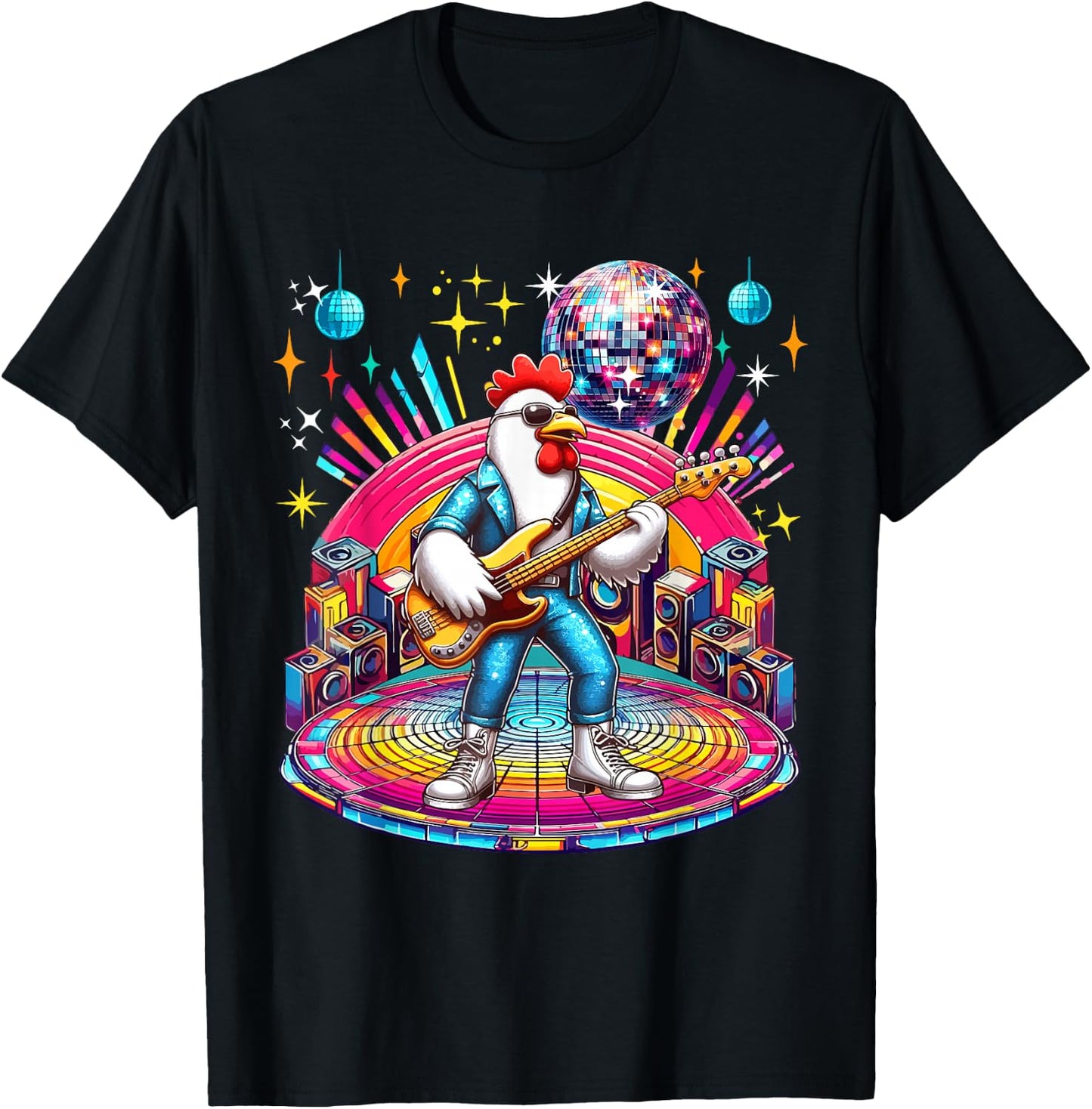 Chicken Sunglasses Playing Guitar Colourful Costume Disco T-Shirt - T-Shirt | Black