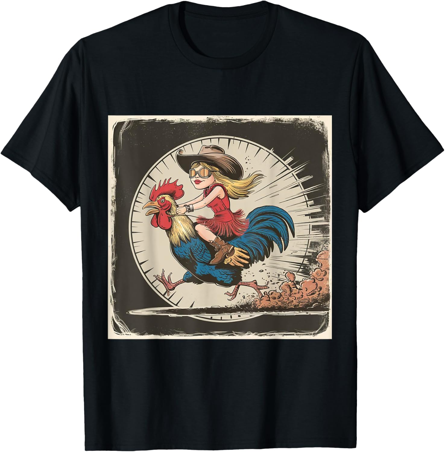 Funny Vintage Distressed Cowgirl Riding Chicken Rooster T-Shirt - T-Shirt | Black