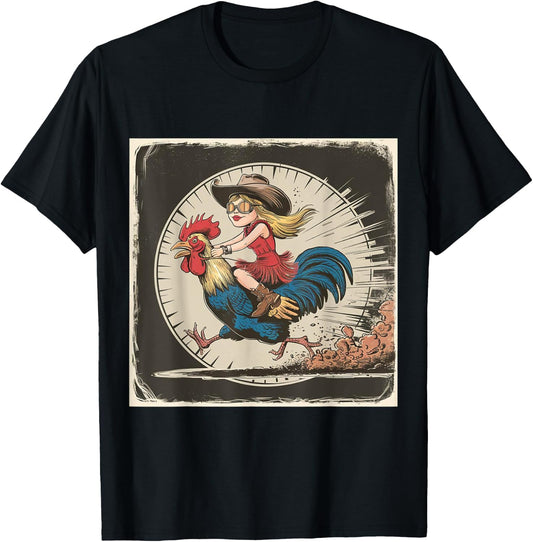 Funny Vintage Distressed Cowgirl Riding Chicken Rooster T-Shirt - T-Shirt | Black