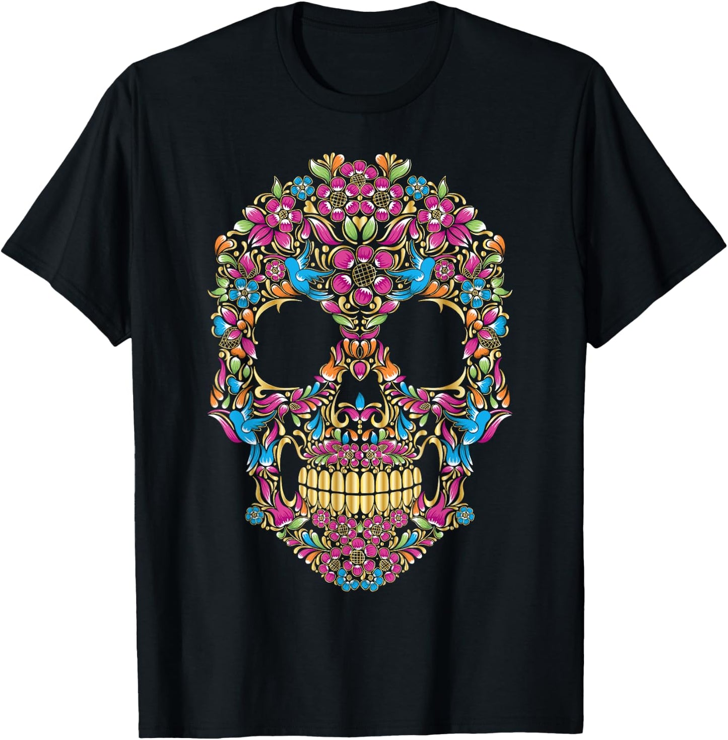 Colourful sugar skulls with flowers and birds | Camiseta T-Shirt - T-Shirt | Black