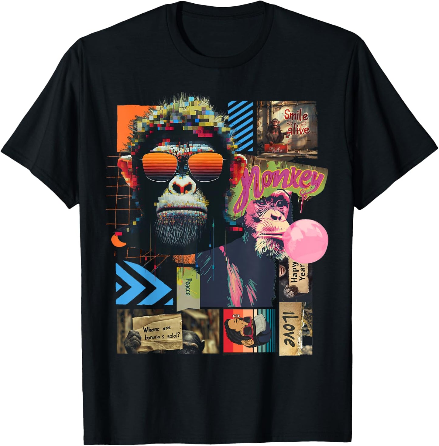 Monkey | Frontprint | Art Graphic Animal Artwork Monkey T-Shirt - T-Shirt | Black