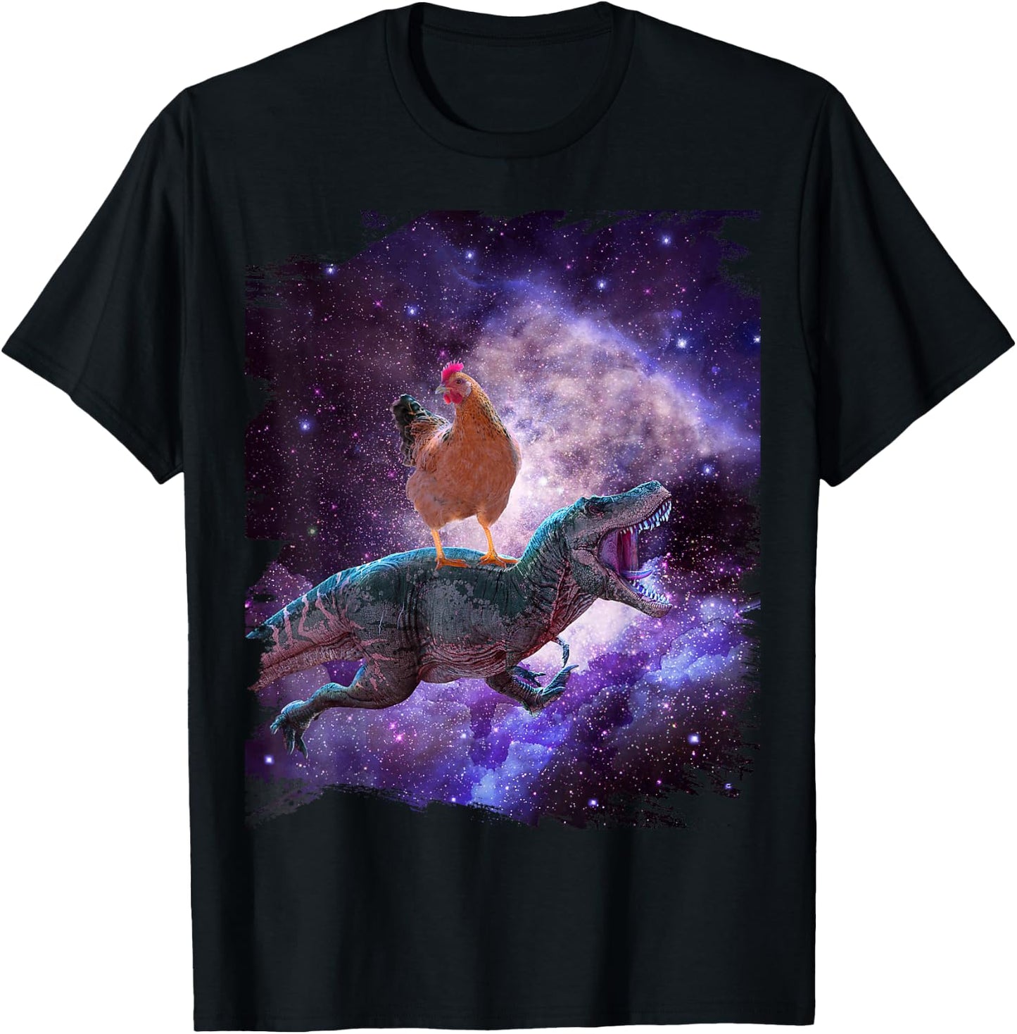 Chicken Riding Dinosaur In Space - Rainbow T-Shirt - T-Shirt | Black