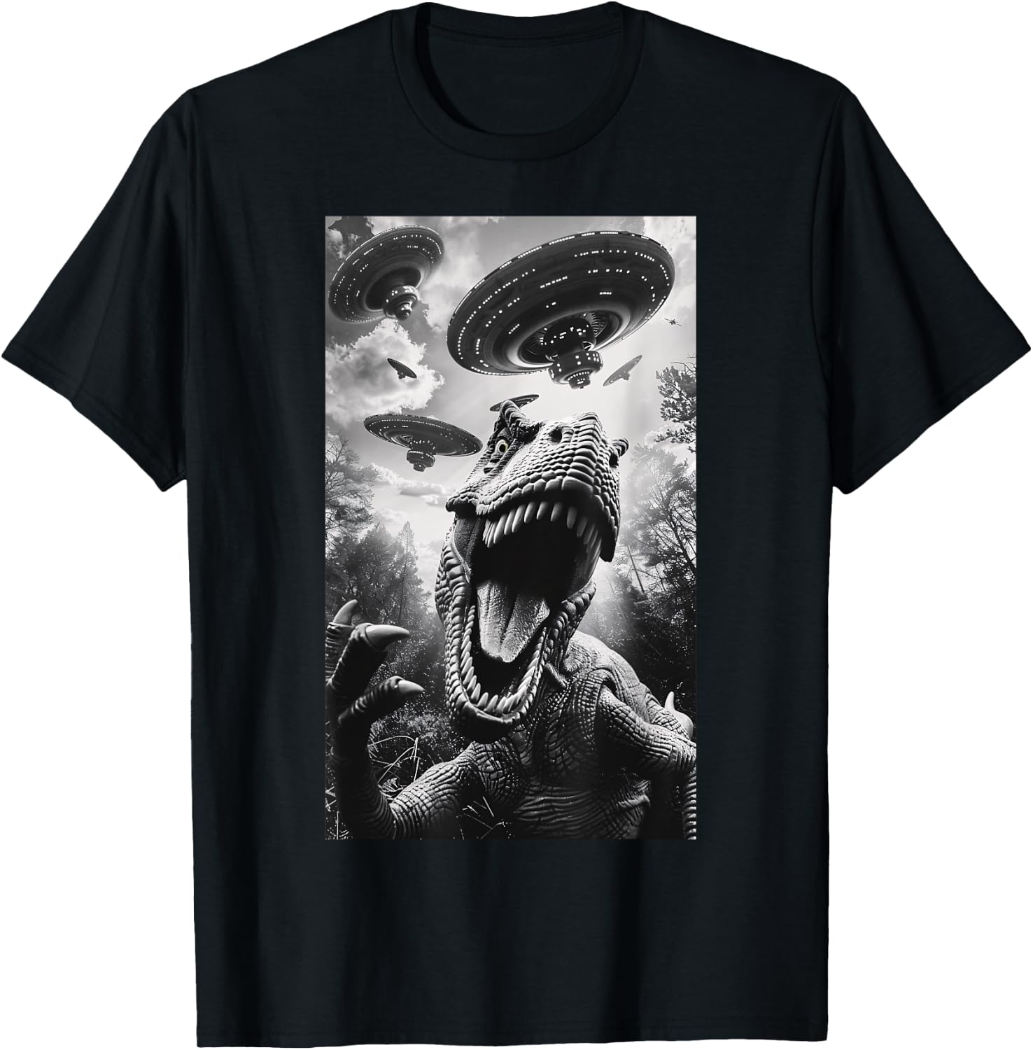 Funny T rex Dinosaur UFO Flying Saucer Alien Men Women T-Shirt - T-Shirt | Black