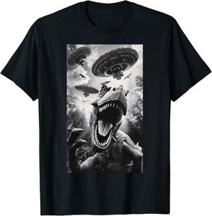 Funny T rex Dinosaur UFO Flying Saucer Alien Men Women T-Shirt - T-Shirt | Black