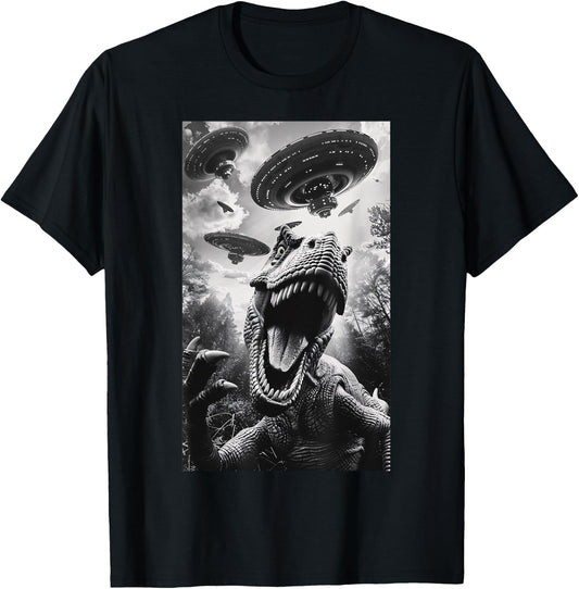 Funny T rex Dinosaur UFO Flying Saucer Alien Men Women T-Shirt - T-Shirt | Black