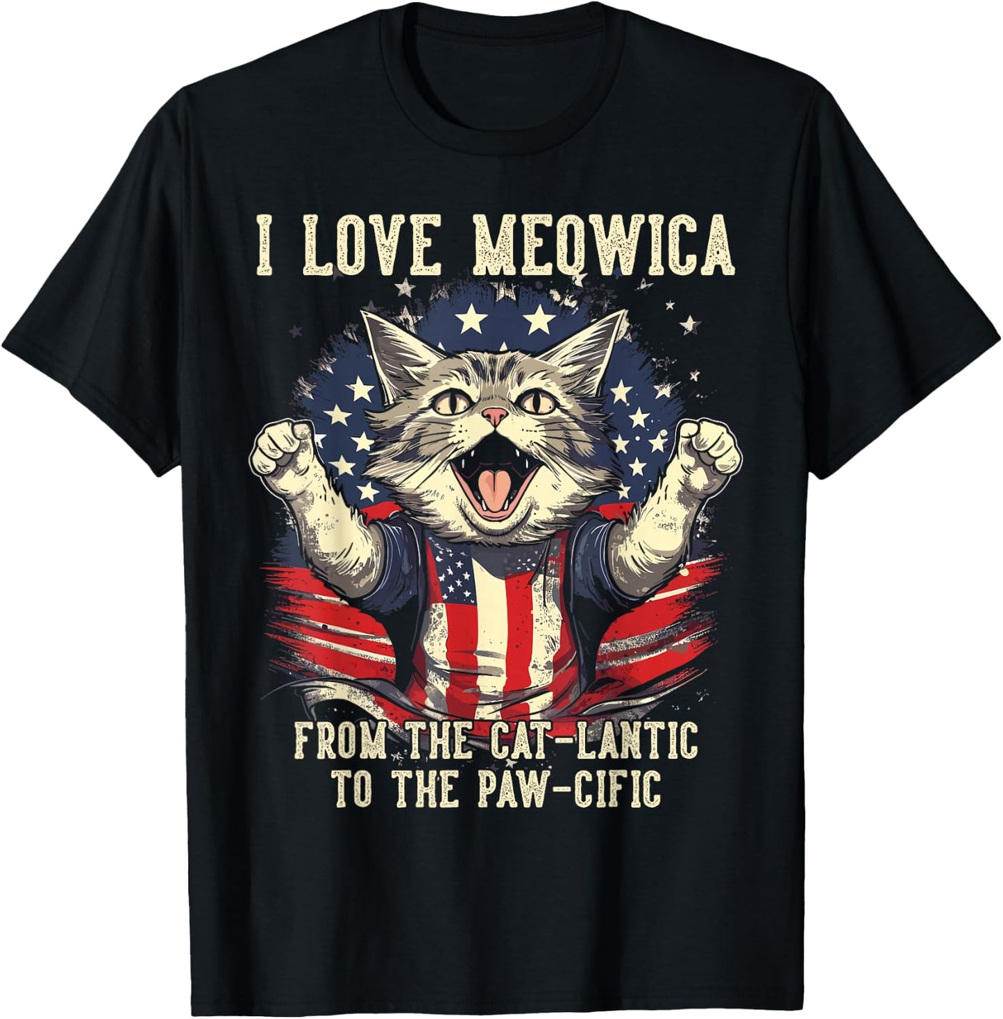 4th July Cat Lover, I Love Meowica Patriotic Funny Happy Cat T-Shirt - T-Shirt | Black