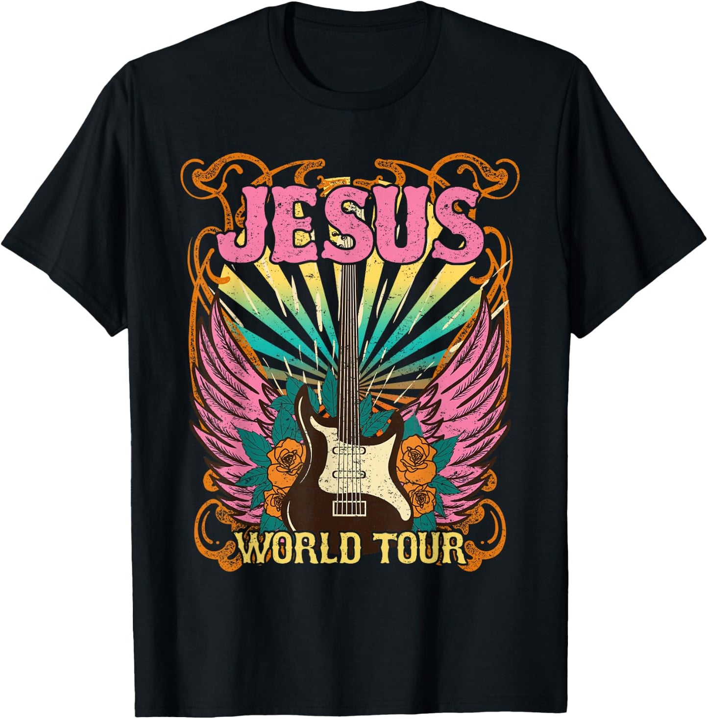 Jesus World Tour Retro 70s 80s Rock Concert Guitar Christian T-Shirt - T-Shirt | Black
