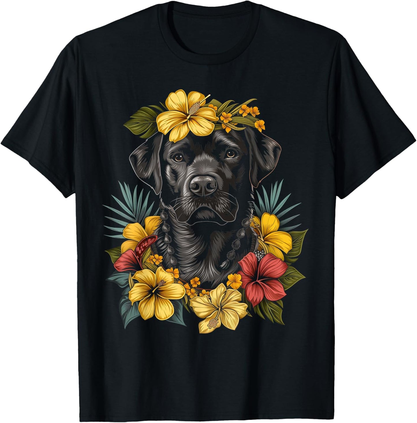 Labrador Hawaiian Flowers Hibiscus Hula Hawaii Black Lab Dog Women Kids T-Shirt - T-Shirt | Black