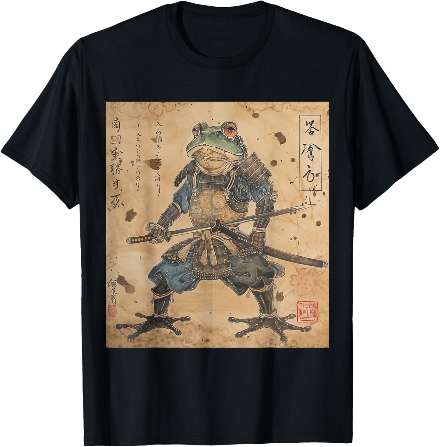 Japanese Samurai Frog In Ukiyo-e Woodblock Style T-Shirt - T-Shirt | Black