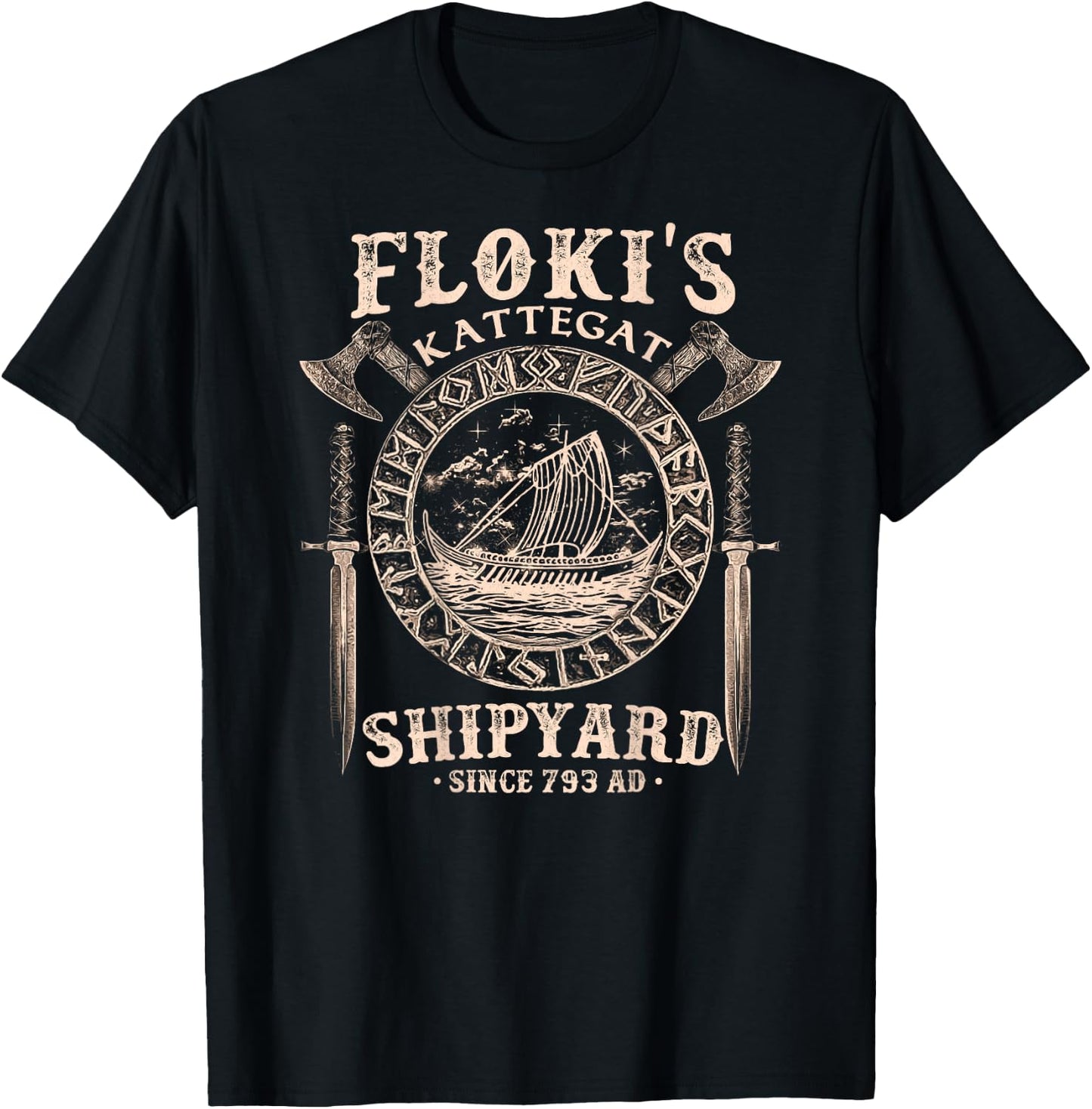 Flokis Shipyard Kattegat Viking Ship and Sword Vikings Rise T-Shirt - T-Shirt | Black