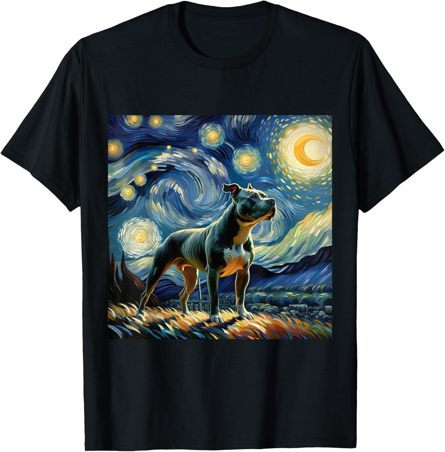 Pitbull Starry Night Shirt Vincent Van Gogh Art Dog T-Shirt - T-Shirt | Black