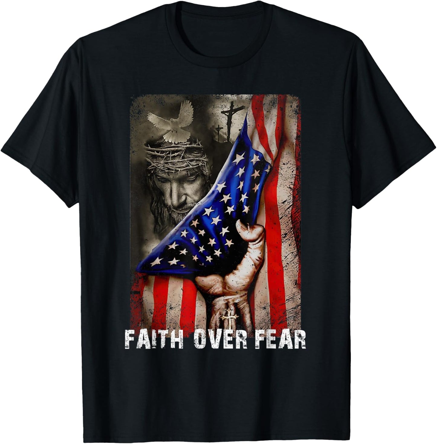 Vintage Faith Over Fear God Jesus Christian Flag 4th Of July Kids Men T-Shirt - T-Shirt | Black