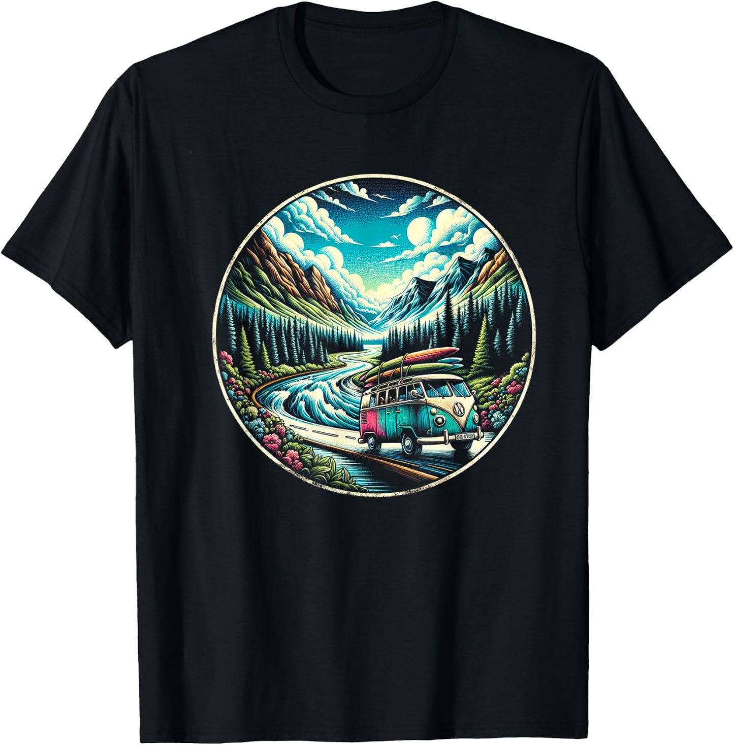Classic Van Adventure in Scenic Mountains T-Shirt - T-Shirt | Black