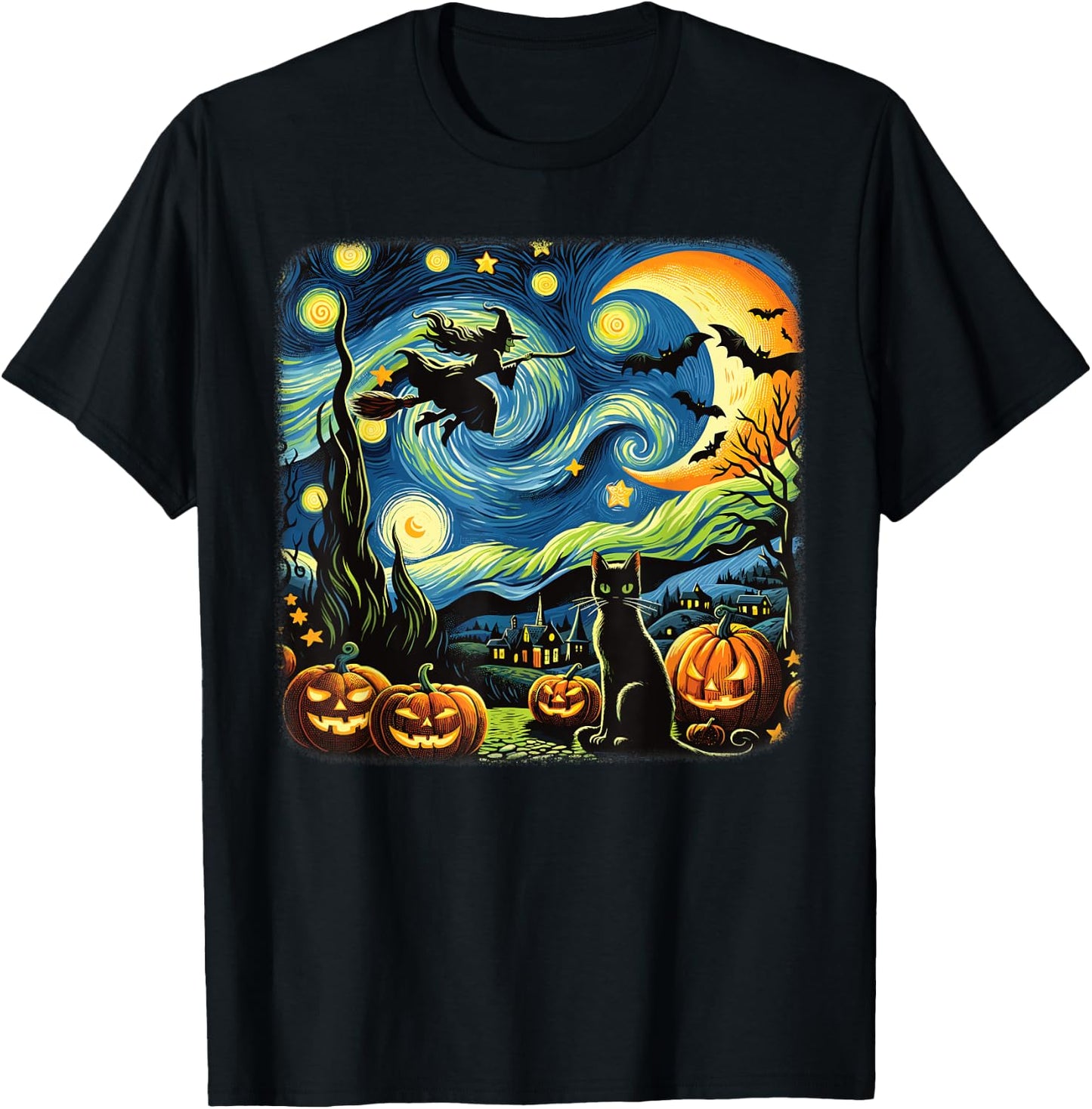 Halloween Witch Van Gogh Starry Night Black Cat Pumpkin Bats T-Shirt - T-Shirt | Black