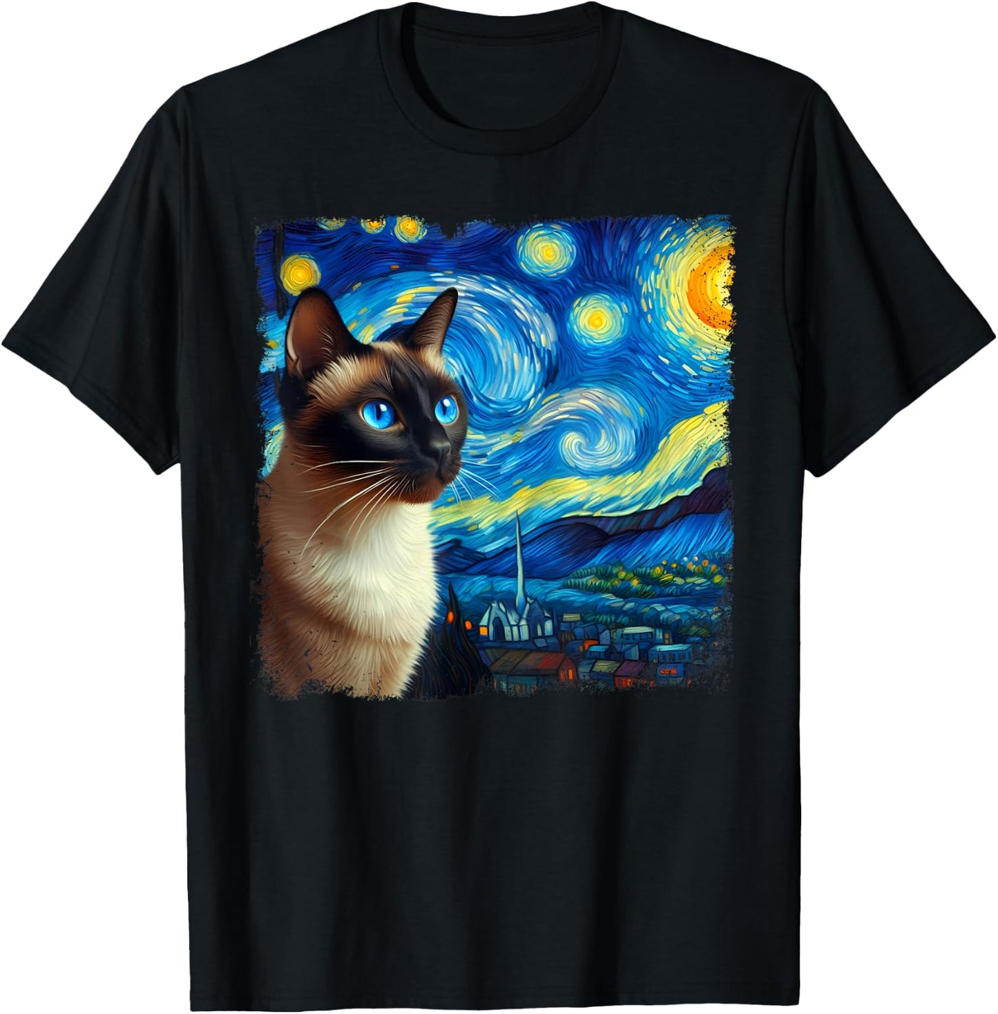 Funny Cute Siamese Cat Starry Night Van Gogh Painting T-Shirt - T-Shirt | Black