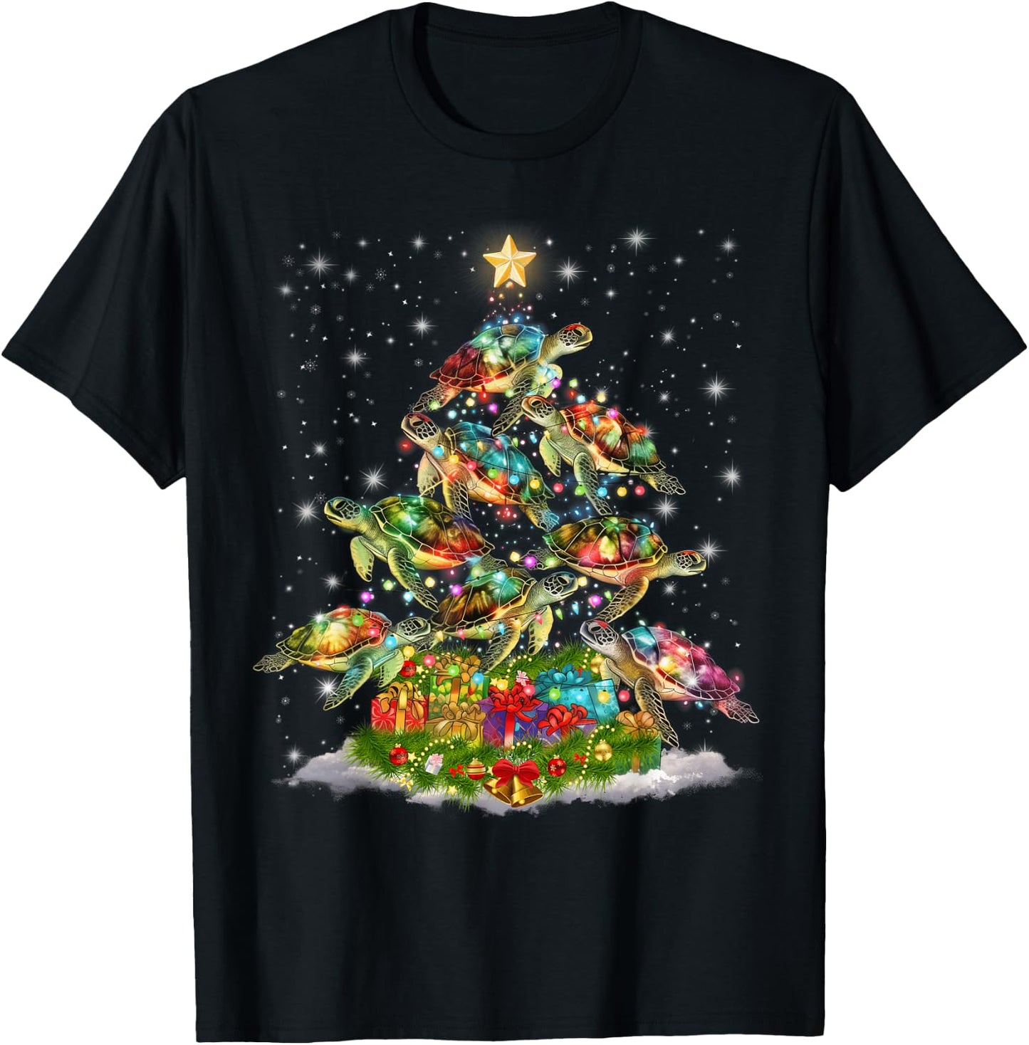 Sea Turtles Christmas Tree Lights Santa Hat Merry Christmas T-Shirt - T-Shirt | Black