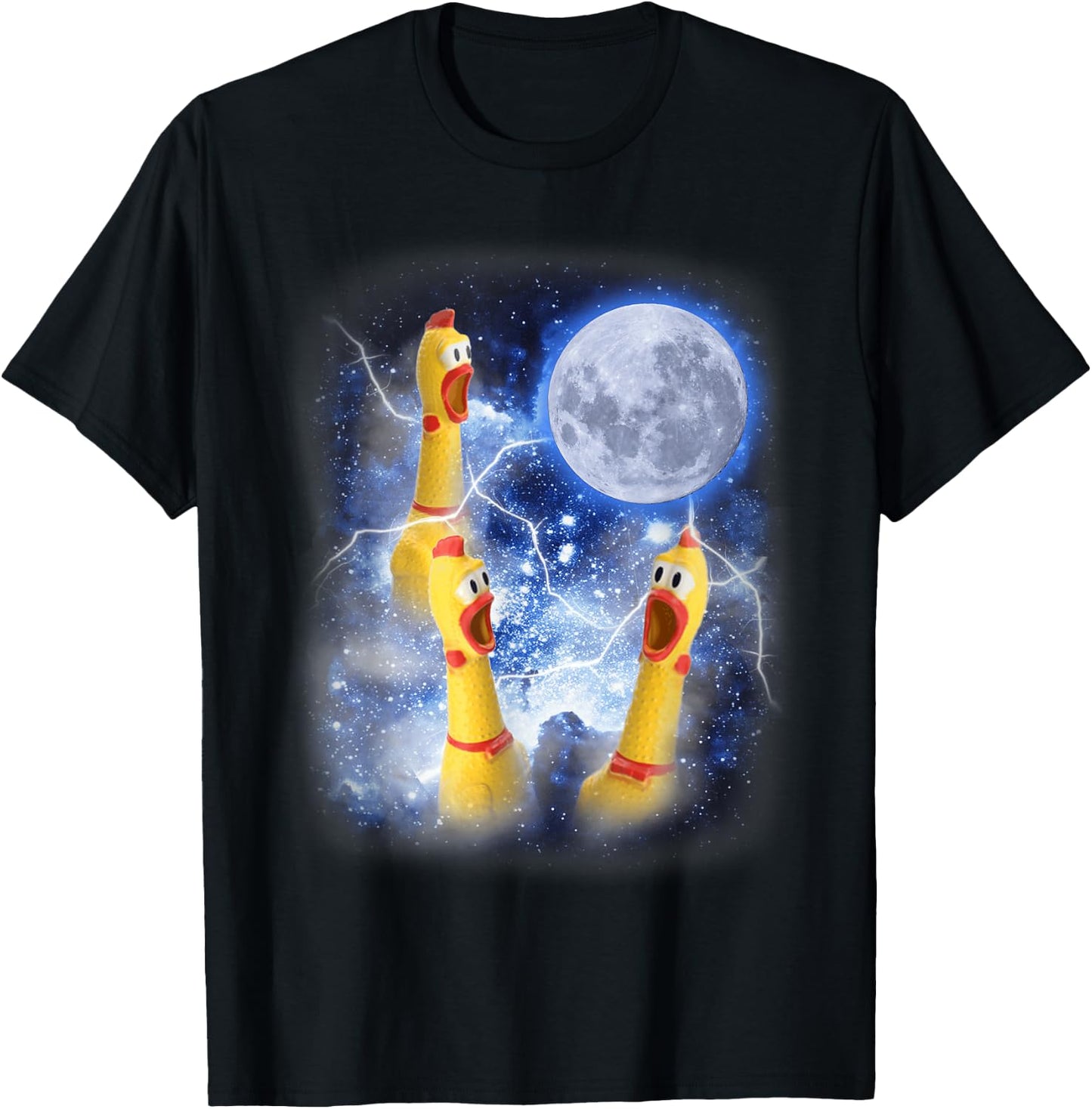 Three Rubber Chicken Moon Funny Screaming Fowl Cursed Joke T-Shirt - T-Shirt | Black