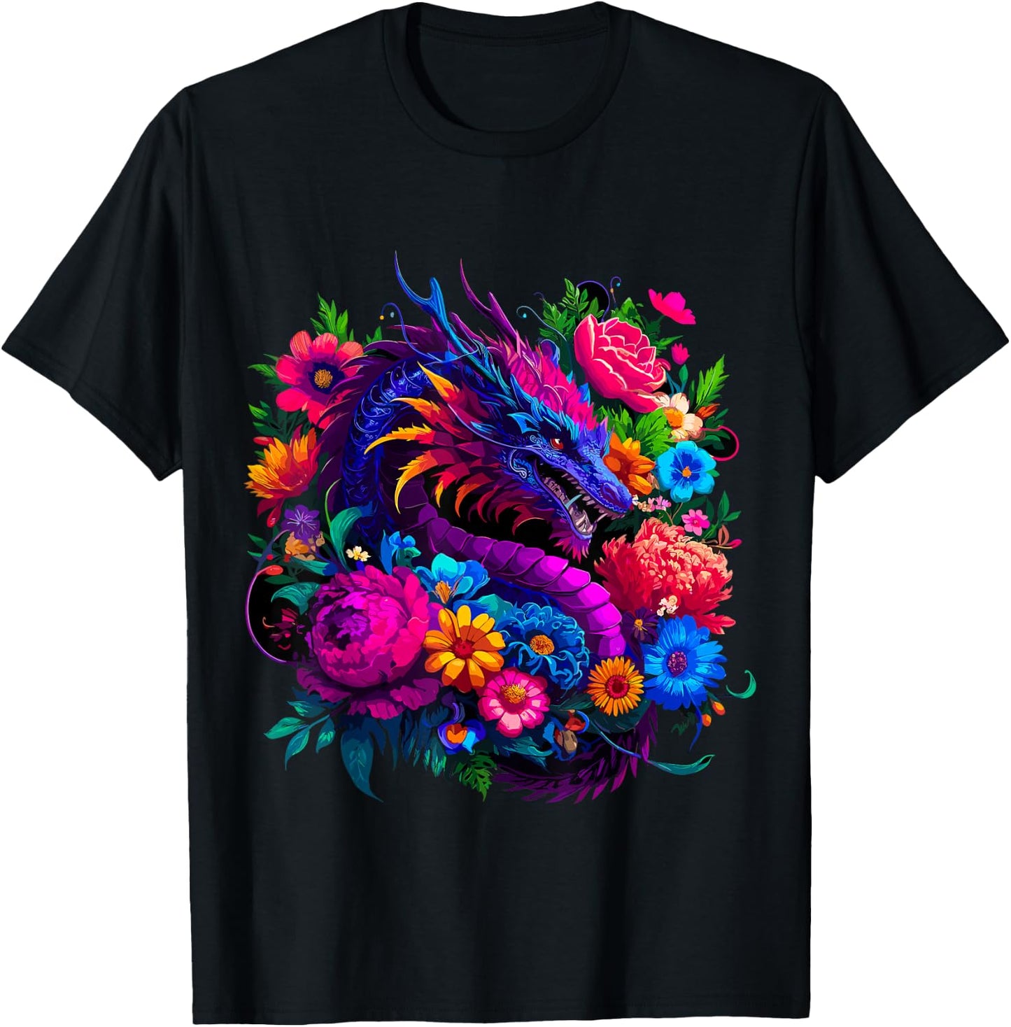 Floral Dragon , Small, Black T-Shirt - T-Shirt | Black
