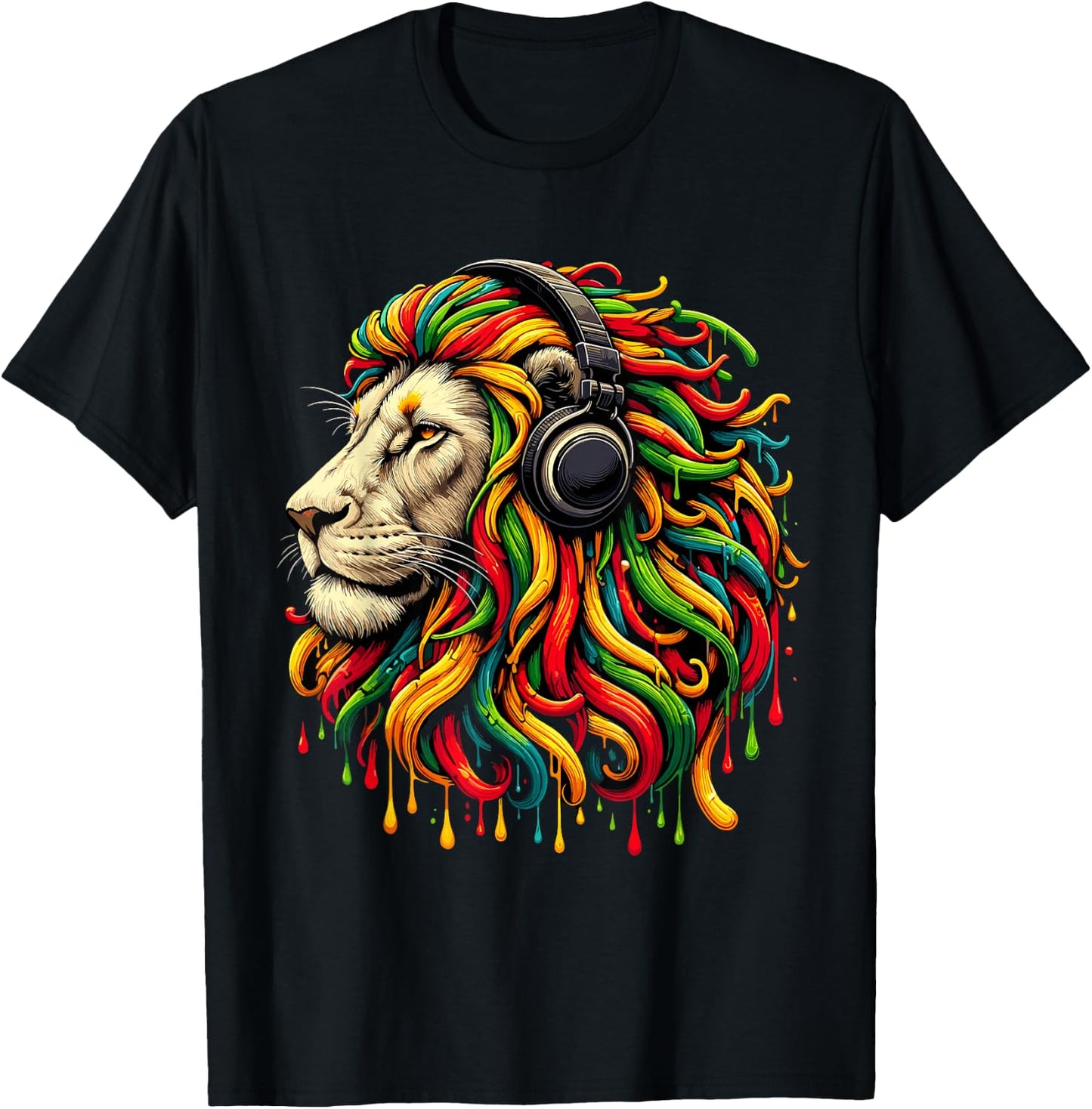 Rasta Reggae Headphones Jamaican Lion Music Judah T-Shirt - T-Shirt | Black