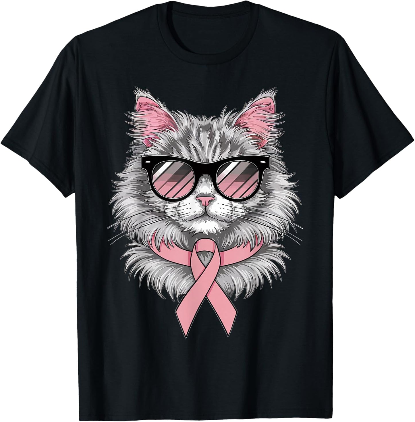 Cat Breast Cancer Awareness Cool Pink Ribbon Support T-Shirt - T-Shirt | Black