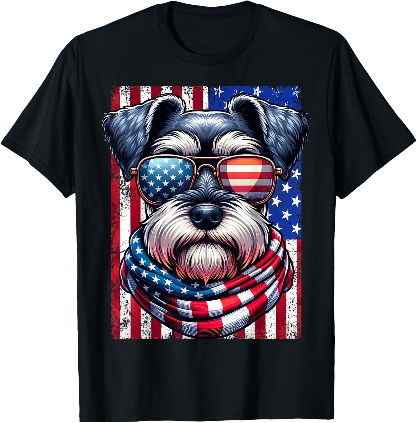 Miniature Schnauzer Dog American Flag Patriotic 4th of July T-Shirt - T-Shirt | Black