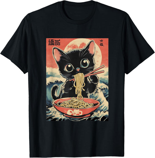 Ramen Cat Anime Eating Kids Women Girls Kawaii Japanese T-Shirt - T-Shirt | Black