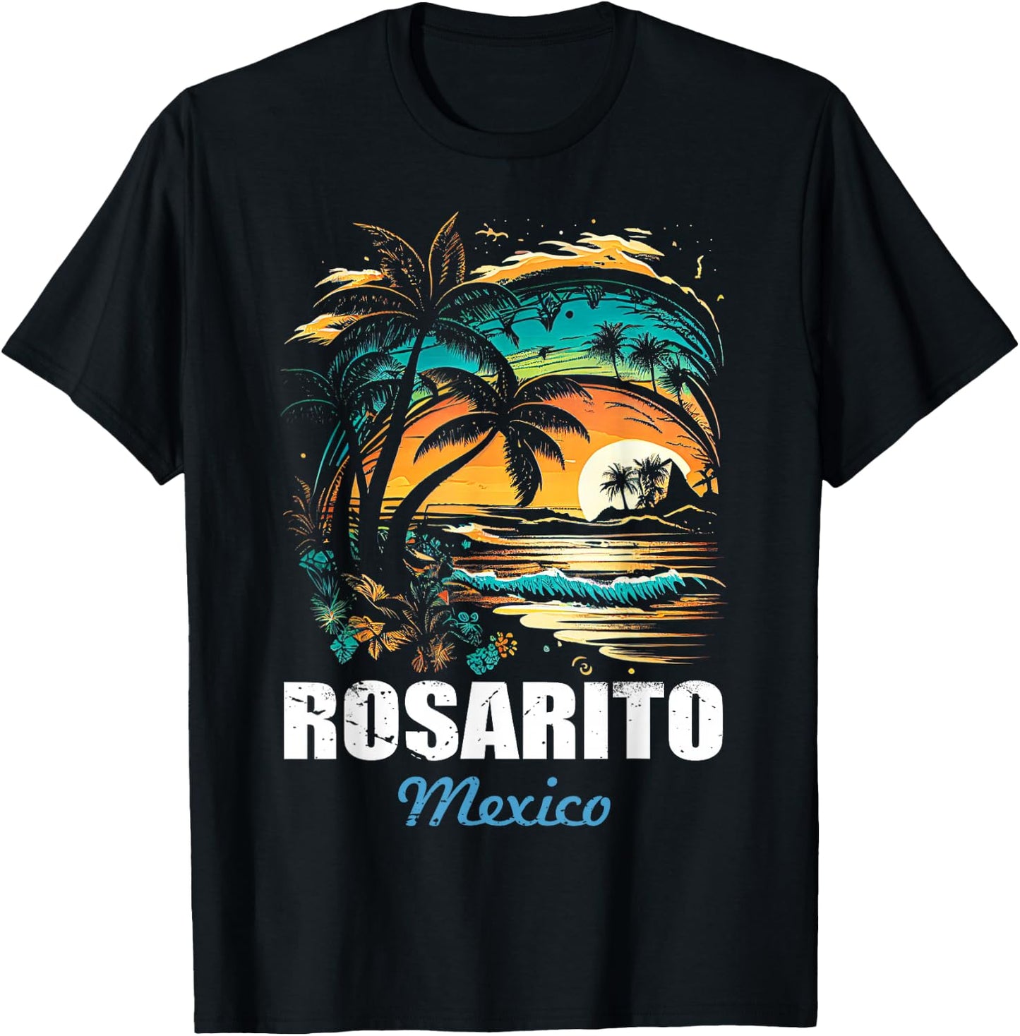 Retro Rosarito Mexico Sunset Vintage Vacation Souvenir T-Shirt - T-Shirt | Black