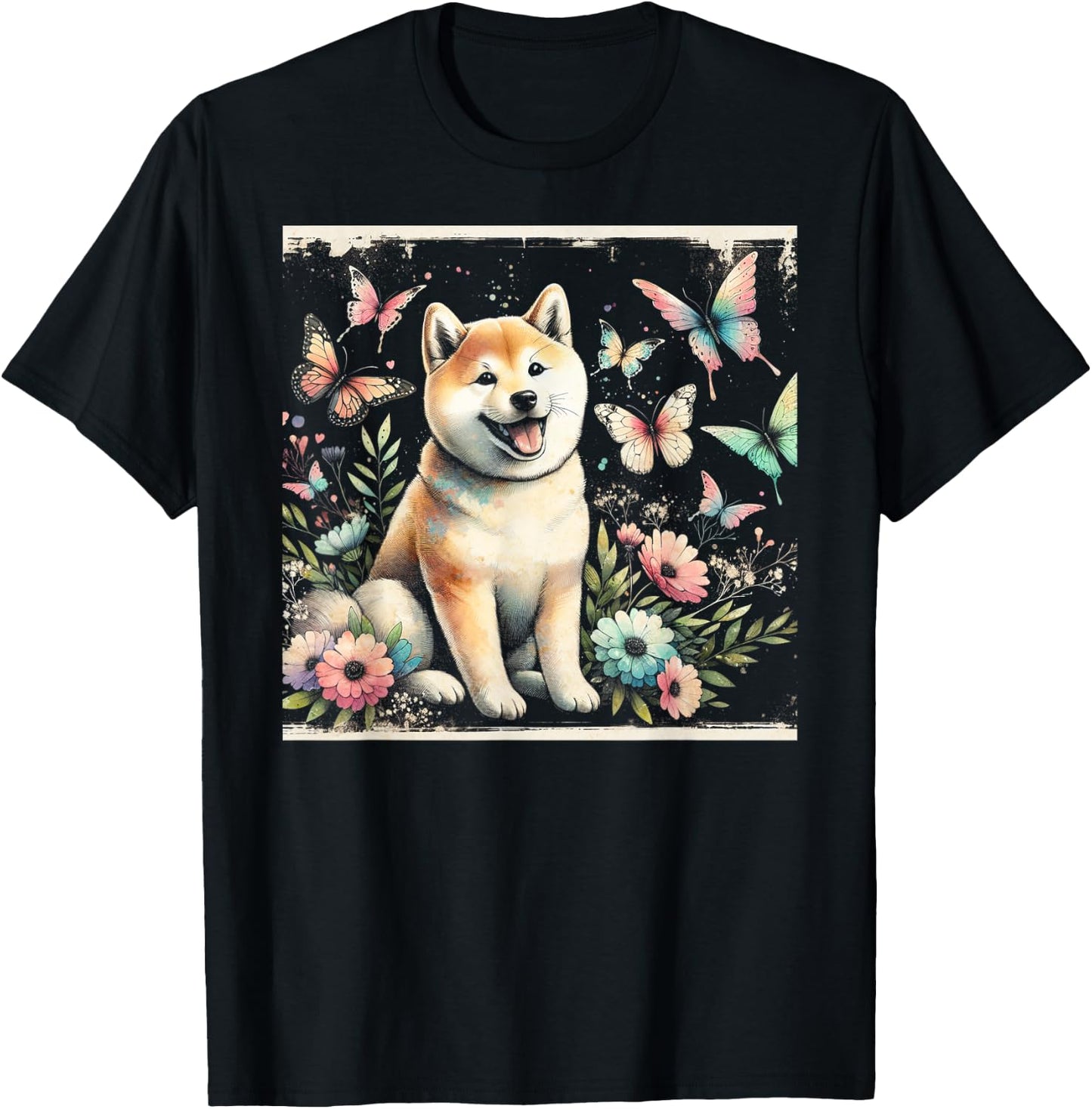 Shiba Inu and Butterflies T-Shirt - T-Shirt | Black