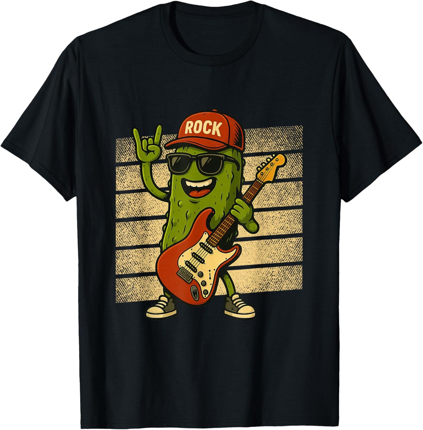 Pickle Playing Electric Guitar Rock Star Funny Pickles Lover T-Shirt - T-Shirt | Black