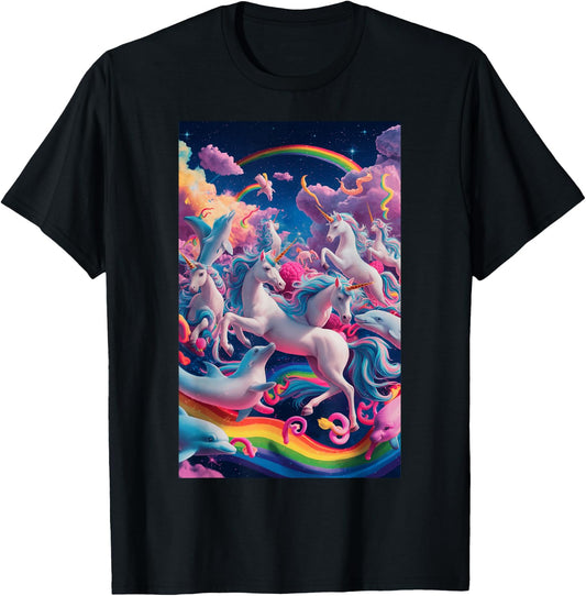Colorful Unicorns And Rainbows In A Fantasy World T-Shirt - T-Shirt | Black