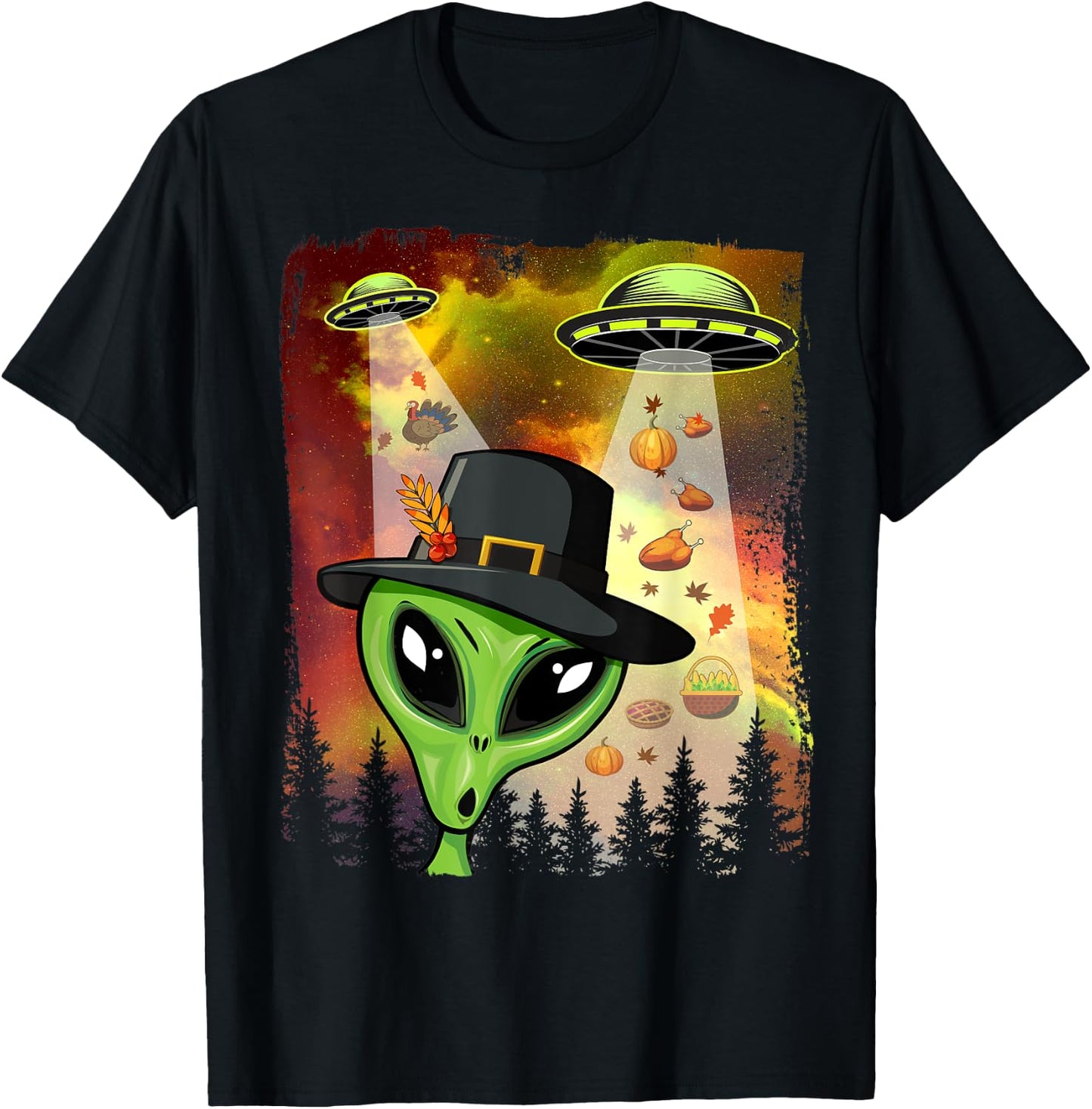 Alien Thanksgiving Invasion Funny UFO Holiday Graphic T-Shirt - T-Shirt | Black