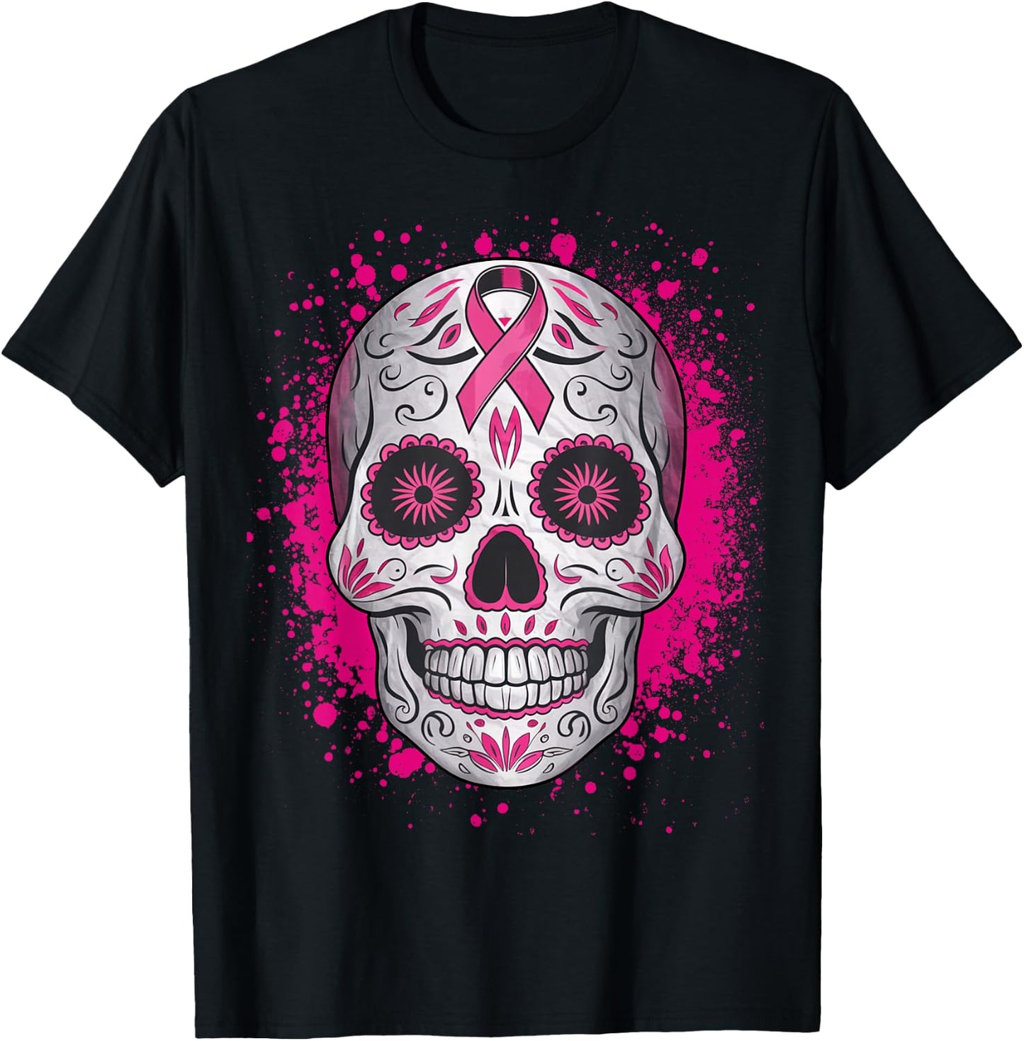 Sugar Skull Breast Cancer Shirts Awareness 2025 Pink Ribbon T-Shirt - T-Shirt | Black