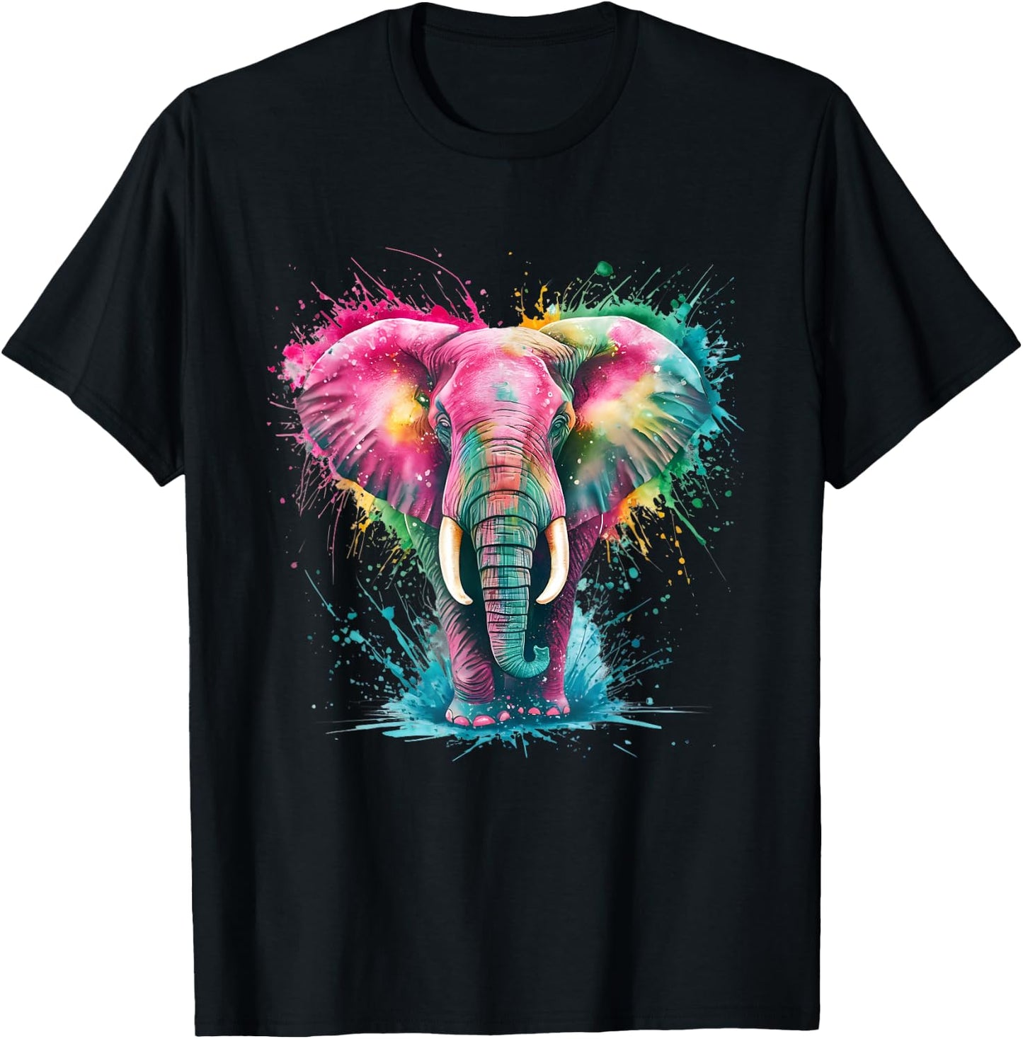 Elephant Men Women Colourful Watercolour Elephant T-Shirt - T-Shirt | Black