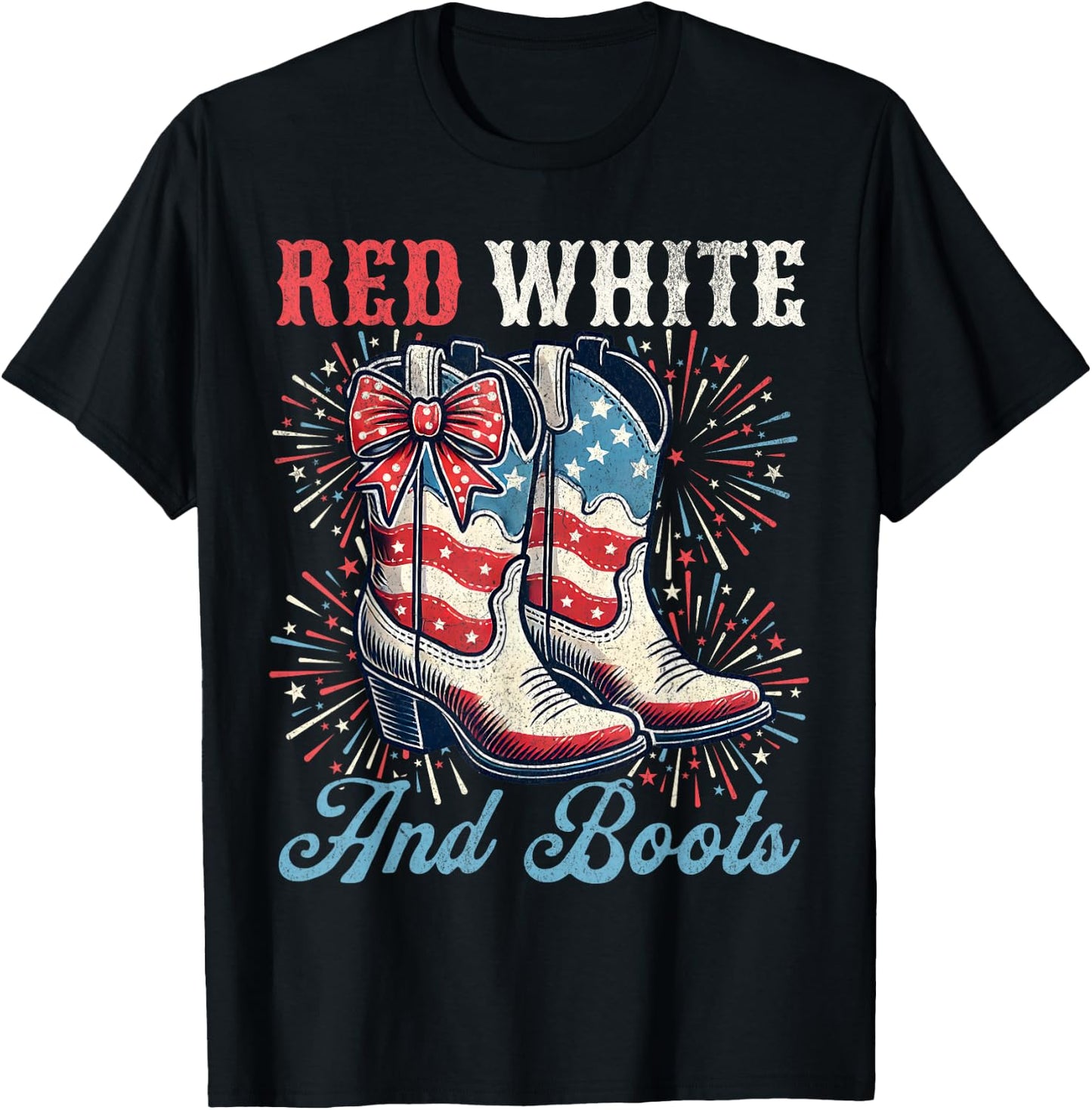Red White And Boots Cute Coquette Cowgirl Independence Day T-Shirt - T-Shirt | Black