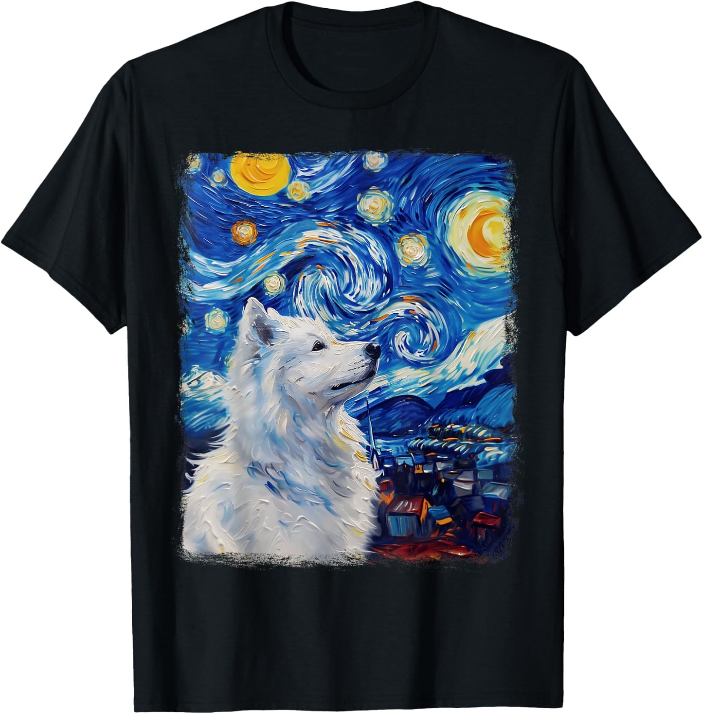 Samoyed Dog Starry Night Painting T-Shirt - T-Shirt | Black