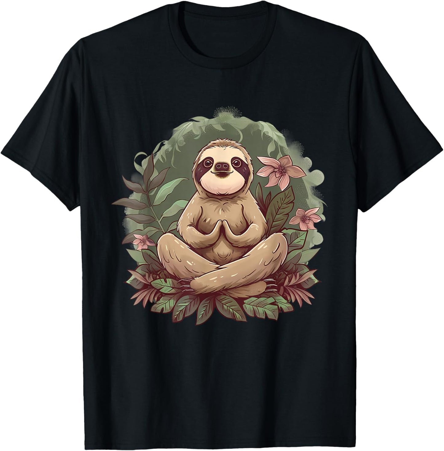 Sloth Meditation Spirituality Buddha Buddhist Floral Yoga T-Shirt - T-Shirt | Black