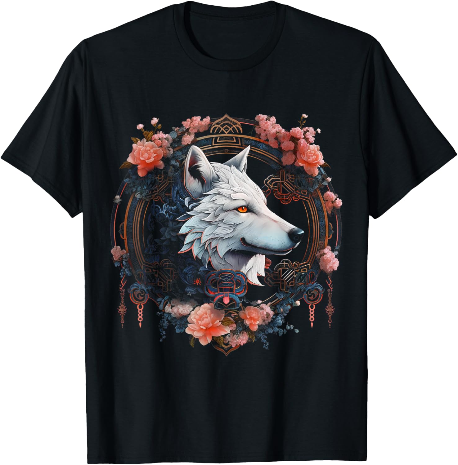 Wolf Flowers - Animal Lovers Animal Art Motif Wolf T-Shirt - T-Shirt | Black