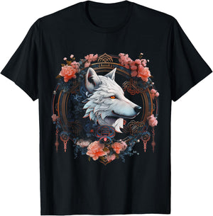 Wolf Flowers - Animal Lovers Animal Art Motif Wolf T-Shirt - T-Shirt | Black